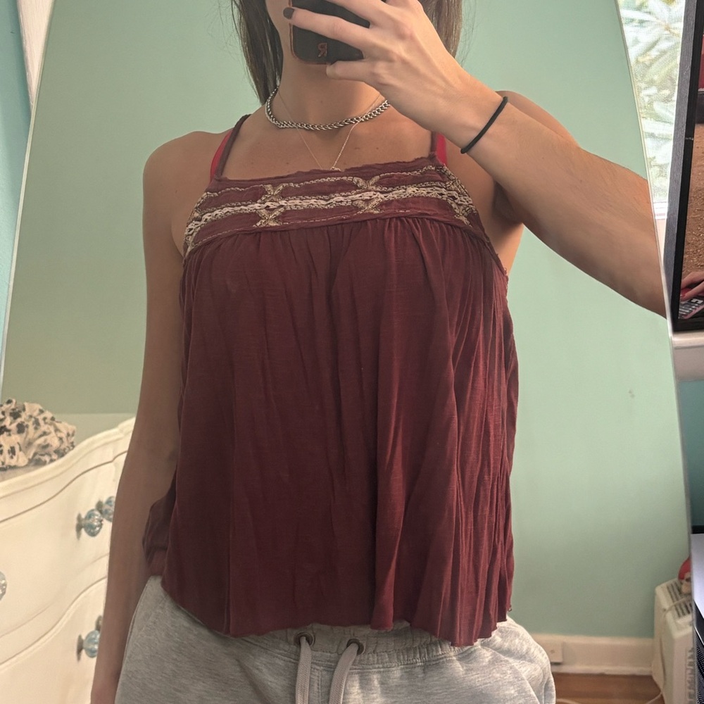 Women's Burgundy Lace Trim Top